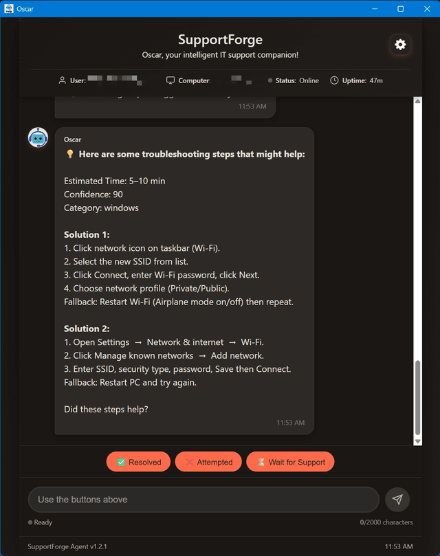 SupportForge AI providing step-by-step troubleshooting for WiFi connectivity issue