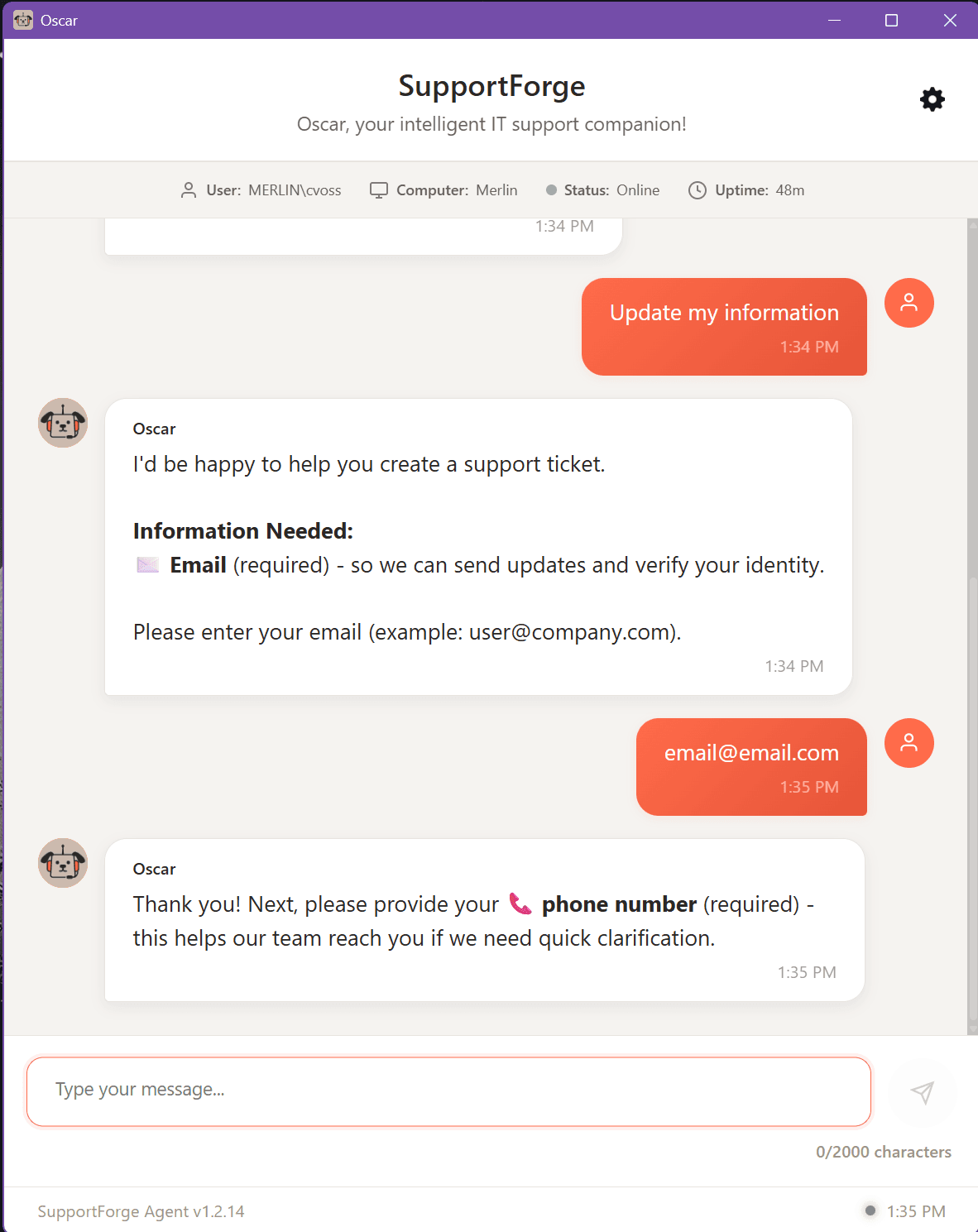 SupportForge Desktop Agent on Windows - Oscar AI assistant helping create a support ticket